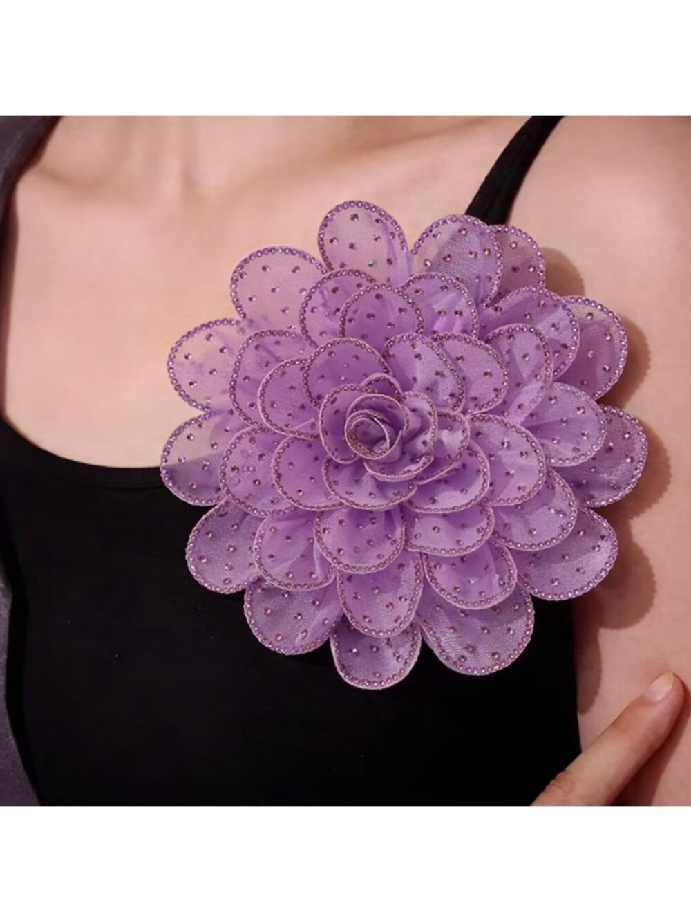 Large Purple 3D Fabric Flower Brooch Multi‑Layer Mesh Applique with Rhinestones